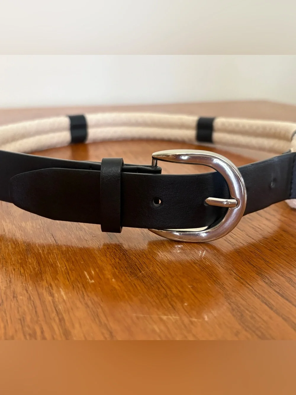 ZARA Woven Rope Belt,Faux Leather Details, Black and White, Size S